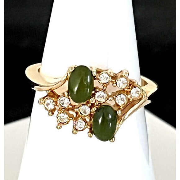 Vintage Ring Size 8 Jade Cabochons Crystal Accent 14K Gold Plate Mid-Century 14T - Picture 5 of 6